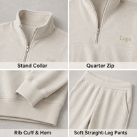 Conjunto de dos piezas OEM ODM para mujer: Sudadera de algodón tipo avena con cremallera de un cuarto y pantalones de chándal de cintura alta de pierna ancha estilo streetwear.