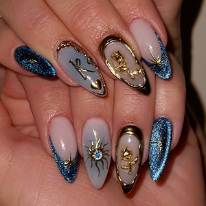 30 pièces en stock – <span class=keywords><strong>Ongles</strong></span> à presser de luxe en forme d'amande, motif fleur de rose 3D, strass, feuille d'or – <span class=keywords><strong>Faux</strong></span> <span class=keywords><strong>ongles</strong></span> haut de gamme pour l'<span class=keywords><strong>hiver</strong></span> - Product Image 5