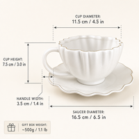 Ensemble tasse et soucoupe à café en céramique gaufrée à pétales blancs purs, bordure fine argentée, forme de coquille, pour le thé de l'après-midi, idéal pour un cadeau