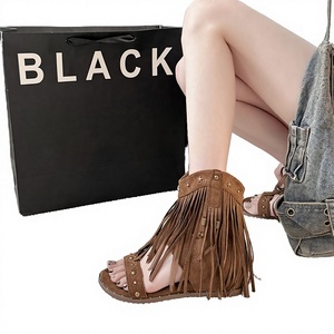 Sandales plates romaines respirantes à franges pour femmes, style western, type claquettes, à enfiler, d'été, à bout ouvert, grandes tailles - Product Image 2
