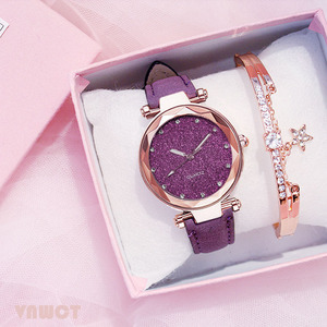 IStapromo Gifts Watch Silver Powder Rhinestone Face Women's Watch Frosted Leather Strap Women's Trendy Two-piece Set Watch - Product Image 2
