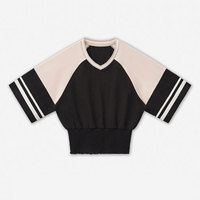 Camiseta Retro de Manga Corta con Cuello en V y Bloques de Color para Mujer, Marca AMCLEVER, con Puños Anchos y Corte Ajustado