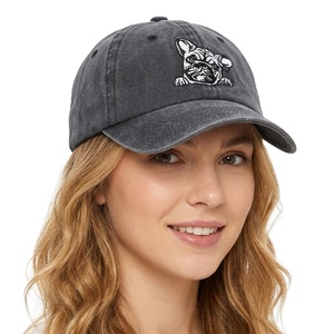 Casquette de baseball vintage en jean délavé à 6 panneaux, style 'Dad Hat', avec broderie motif chiot et feuille, visière incurvée réglable, pour hommes et femmes, vente en gros - Product Image 1