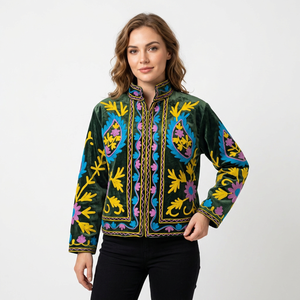 Chaqueta Suzani de Algodón Ecológico con Bordado Floral Estilo Cachemir, Diseño Elegante con Cuello Alto, Color Oscuro Intenso - Product Image 1