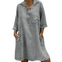 Offres Spéciales grande taille femmes robes d'été trois quarts manches col rabattu chemise ample robe en lin artificiel
