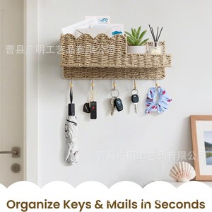 Paper Rope Woven Key Holder Wall Mounted <b>Shelf</b> With <b>Hooks</b> For Keys And Mail Storage Organizer Rectangle Shape - Product Image 3
