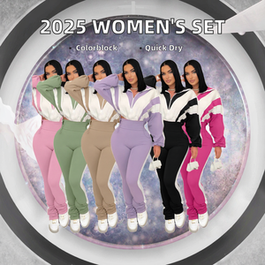 Conjunto Deportivo Casual de Otoño 2025 para Mujer, con Cierre, Manga Larga, Pantalones Ajustados con Cintura Elástica, Bloques de Color, Dos Piezas, Rayado, Liso, Tejido - Product Image 2