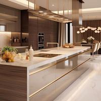 Cuisine modulaire sur mesure professionnelle, îlot de cuisine, design industriel moderne, panneau mélaminé, robinet, plan de travail en quartz