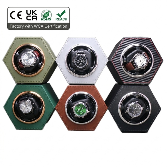 Luxury Hexagon PU Leather Watch Winder with Electroplated Bezel 6 Colors Linkable Series Case for Professional Online Brands