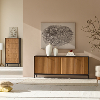 Buffet moderne Japandi en chêne massif et bois d'orme, grand meuble de rangement cannelé bicolore noir pour salon