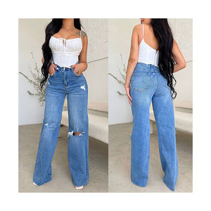 Produttore di <span class=keywords><strong>pantaloni</strong></span> larghi a vita alta da <span class=keywords><strong>donna</strong></span> comodi e alla moda Jeans strappati versatili in <span class=keywords><strong>taglie</strong></span> forti - Product Image 1