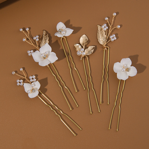 Romantiche forcine fiore in ceramica oro 6 pezzi set lega foglia ornamenti per capelli Vintage imitazione perla per capelli da sposa spilla - Product Image 1