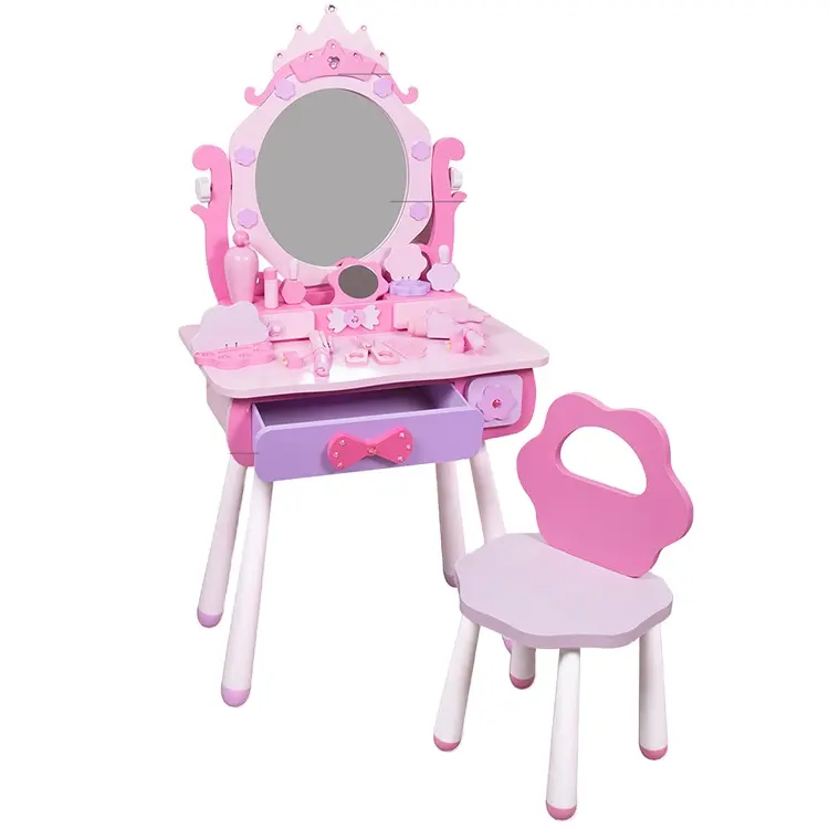Wood Pink Pretend Play educational kids dressing table toy girl's makeup and chair pink gift wood Simulation Dressing Table suit