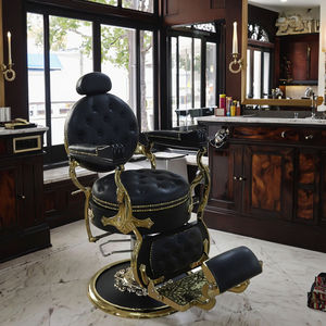Chaise de barbier hydraulique en cuir de qualité professionnelle, style antique doré, personnalisable pour salon de coiffure - Product Image 1