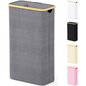 Panier à <span class=keywords><strong>linge</strong></span> étroit et haut de 65 L avec poignées en bambou, pliable, pour chambre à coucher, avec couvercle - Product Image 1