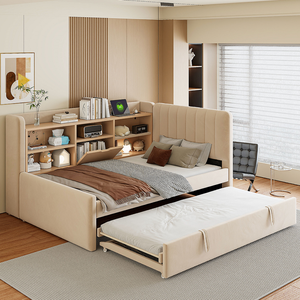 Modern Velvet Twin Size Adjustable Upholstered Daybed with Trundle <b>Storage</b> Shelves <b>USB</b> & Outlet (Beige) Bedroom Furniture - Product Image 1