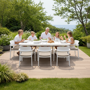 Ensemble <span class=keywords><strong>de</strong></span> salle à manger <span class=keywords><strong>de</strong></span> <span class=keywords><strong>jardin</strong></span> en <span class=keywords><strong>aluminium</strong></span> moderne pour villa, <span class=keywords><strong>table</strong></span> <span class=keywords><strong>extensible</strong></span> pour terrasse, 8 <span class=keywords><strong>chaises</strong></span> confortables, résistant aux intempéries - Product Image 2