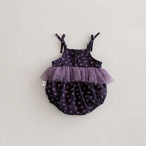 Barboteuse florale à bretelles pour bébé fille, avec dentelle en maille, légère, combinaison une pièce d'été - Product Image 4