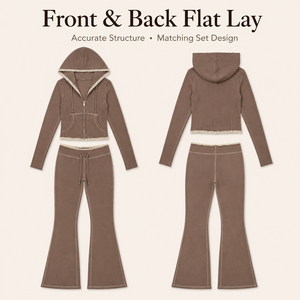 Ensemble deux pièces décontracté vintage Y2K pour filles, avec sweat à capuche zippé côtelé marron moka à bordure en dentelle et pantalon évasé, coupe ajustée, personnalisable, vente en gros - Product Image 3