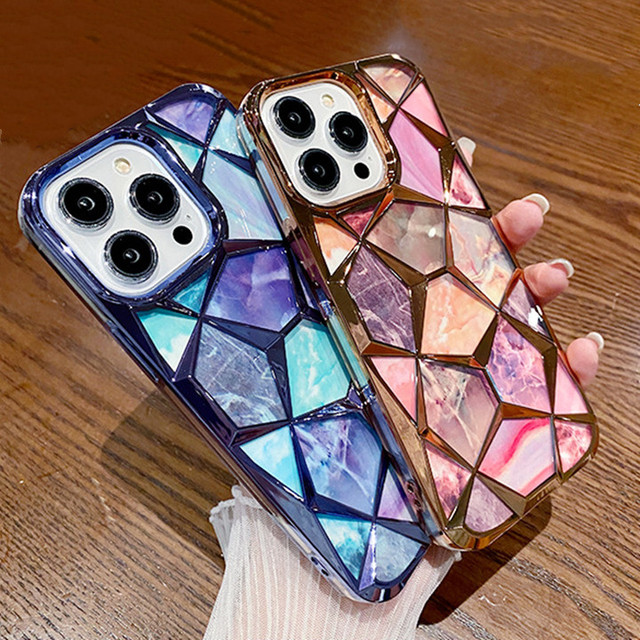 3D Electroplate Rhombus Marble 2 in 1 Mobile Phone Case for iPhone 15 14 13 12 11 Pro Max Soft TPU Back Cover Shell