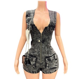 Nuevo <span class=keywords><strong>Mono</strong></span> Corto <span class=keywords><strong>Vaquero</strong></span> Casual con Parches, Sin Mangas, para Mujer - Product Image 2