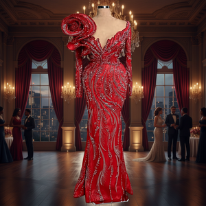 Robe de Demoiselle d'Honneur Sirène de Luxe 2024, Col Rond, Appliques en Dentelle, Manches Courtes, Soutien-Gorge Intégré, Longueur Ras du Sol, Respirante, Faite à la Main - Product Image 3