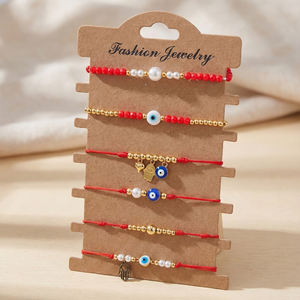 مجموعة أساور Go2boho الأنيقة المرصعة بالخرز مع كريستال أحمر ولؤلؤ وسلسلة مطلية بالذهب، إكسسوارات مجوهرات تركية للحظ السعيد قابلة للتكديس - Product Image 4