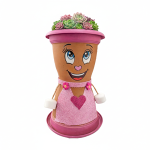 NF Lauren Pink Dress Heart Flower Pot Private Label Hand Painted Decorative <b>Plastic</b> Garden <b>Planter</b> Boho Character Desktop Face - Product Image 2