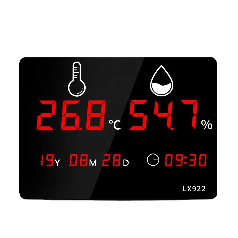 Industrial indoor temperature and humidity measurement time calendar display LED red light temperature alarm large wall clock
