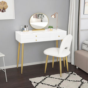 Modern putih + meja rias Emas LED cermin disesuaikan kecerahan 3 laci sandaran bergaya meja rias Set bangku - Product Image 1