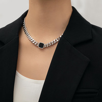 Ensemble de bijoux pour femmes, collier, bracelet et bague en acier inoxydable avec chaîne cubaine dorée et émail noir