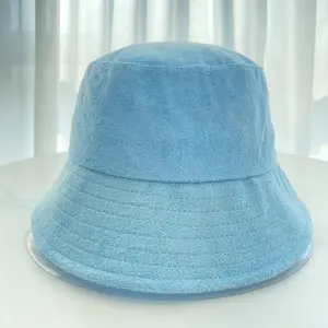 Women Plain Blank Flat Top Wide Brim Fisherman Terry Cloth Towel Towling Bucket Hat Caps With Custom Logo