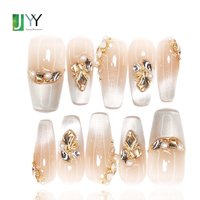 Ongles à presser personnalisés avec logo 3D en gel brillant, style French Manucure, design diamant, luxe, faits maison, forme cercueil, vente en gros