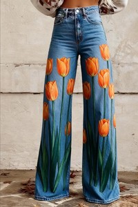 Jeans en denim droit à coupe régulière pour femmes européennes et américaines, best-seller 2025, <span class=keywords><strong>avec</strong></span> un motif floral 3D aux couleurs bonbon - Product Image 3