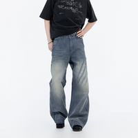 Pantalon décontracté ample et droit pour homme, style rétro américain tendance, effet usé, motif griffe de dragon, multi-usages, style workwear