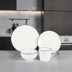 36% Bone China Tableware <b>Set</b> 4PCS Underglazed Black Trim & Nordic Style <b>Microwave</b> & Dishwasher Safe FDA & LFGB - Product Image 1