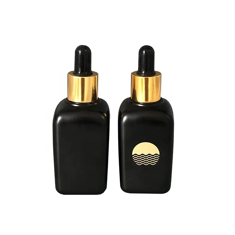 Botellas de vidrio para cosméticos, botellas de vidrio con gotero de aceite esencial cuadrado, color negro mate, 30ml, disponible