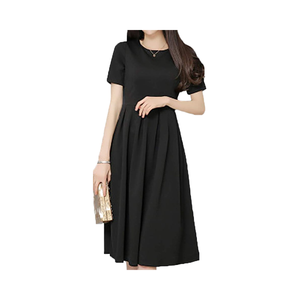 Robe mi-longue trapèze pour <span class=keywords><strong>femme</strong></span> Gorcre, en tissu extensible uni, col rond, manches courtes, noire, boutonnée, naturelle, pour cérémonies formelles - Product Image 1