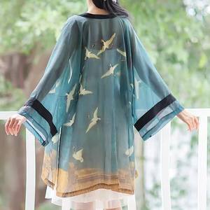 Cardigan de kimono quotidien en vrac imprimé de plumes de style long dans le manteau de peinture de grue antique et la veste de protection solaire - Product Image 5