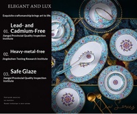Service de table en porcelaine fine émaillée de luxe Jingdezhen, comprenant bols, assiettes et baguettes, avec bordure dorée, compatible micro-ondes, vente en gros pour hôtels