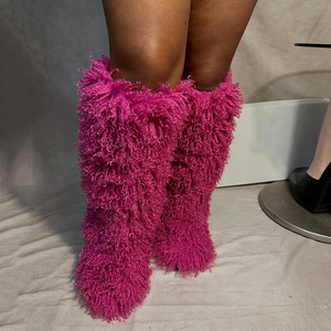 Sepatu bot wanita selutut wol pantai Mongolia imitasi, sepatu bot salju tinggi bulu modis musim dingin hangat antiselip - Product Image 1