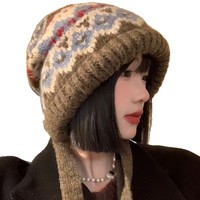 Bonnet en tricot acrylique jacquard vintage avec cache-oreilles pour femme, épais et chaud pour l'hiver