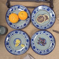 Luxuriöses Handgefertigtes Keramik-Geschirr Kreatives Unterglasur-Blau-Weiß Exquisites Flachteller-Set 10 Knochenförmige Teller Suppenteller Vintage