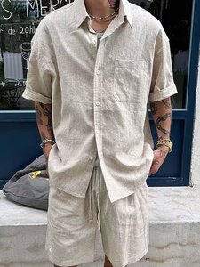 Traje Casual de Punto Transpirable 100% Poliéster Estilo Old Money para Hombre, Camisa Holgada de Verano, Pantalones Cortos con Pedrería, Conjunto Completo - Product Image 2