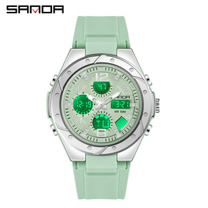 SANDA 6062 นาฬิกาข้อมือแฟชั่นอินเทรนด์แบบจอแสดงผลคู่สำหรับผู้ชายและผู้หญิง, นาฬิกาปลุกแบบสองโซนเวลาเรืองแสงกันน้ำแบบมัลติฟังก์ชั่น - Product Image 1