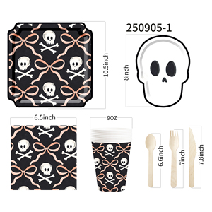 DAMAI Nouvel ensemble de vaisselle d'Halloween avec motif de crâne, comprenant des assiettes et des gobelets en papier jetables pour les fournitures de fête d'Halloween - Product Image 6