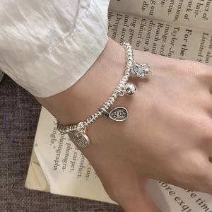 S925 Sterling <b>Silver</b> Bracelet With Fu Charm <b>Beaded</b> Elastic Rope Chinese Style Everyday Wear Unisex Jewelry - Product Image 1