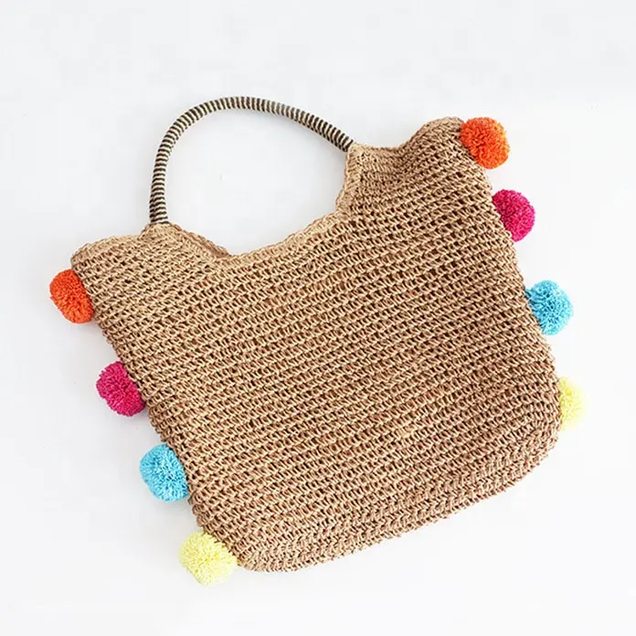 Bolsa macia de palha crochê camel, bolsa feminina feita em palha com pompom para viagem, praia e verão