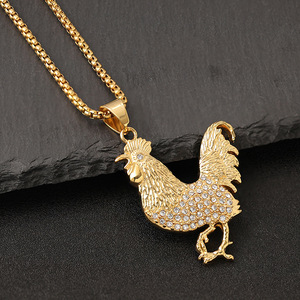 <b>Titanium</b> Steel Rooster Pendant Necklace With Diamond Pave Setting Unisex Fashion Jewelry Gift Animal Zodiac Design - Product Image 2