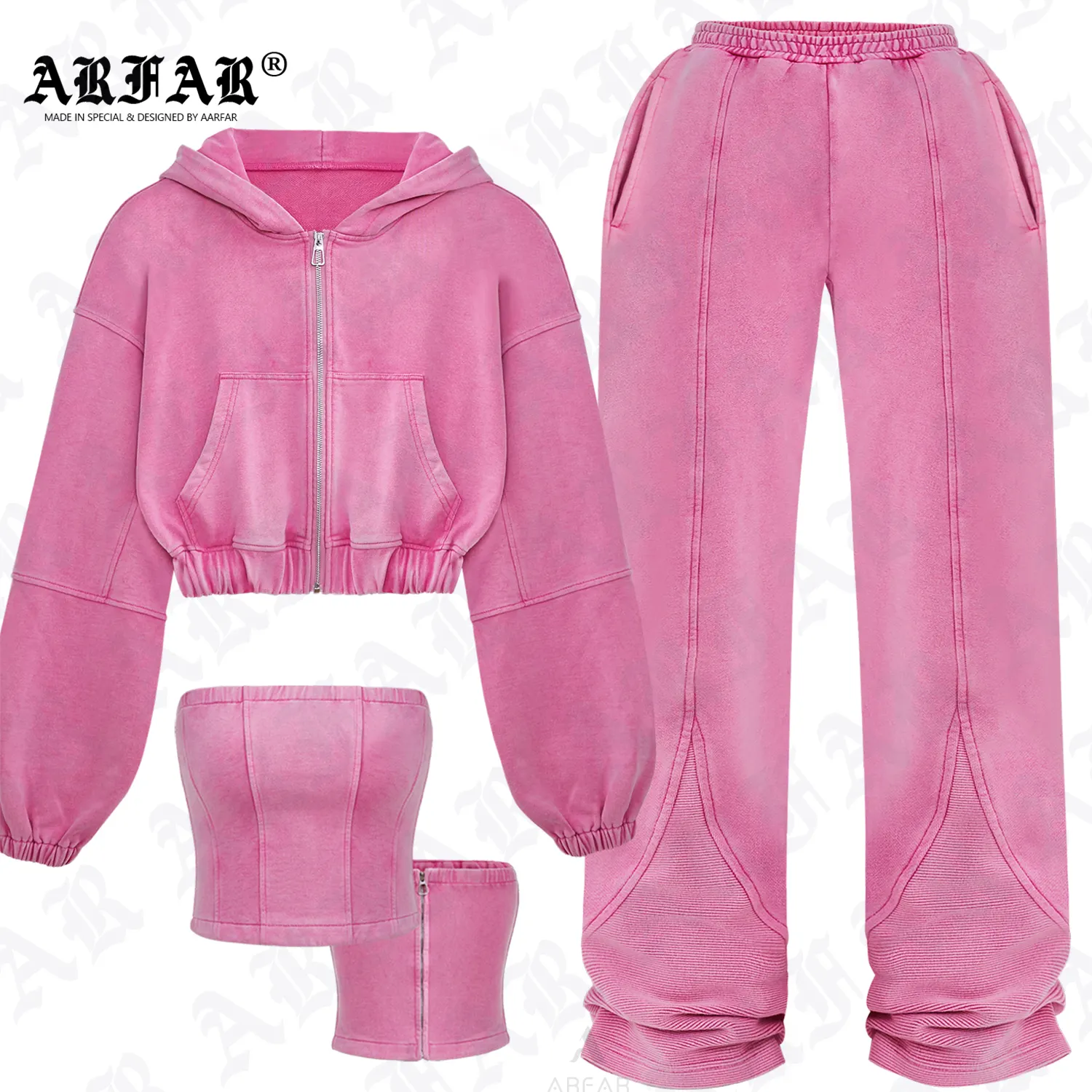 Conjunto personalizado rosa de tres piezas para mujer, conjunto de Sudadera con capucha y pantalón con cremallera desgastada, ropa de mujer